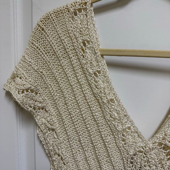 Amano Hand Knit Sweater Spain Open Weave Double V Neck Cream Small - Picture 6 of 6